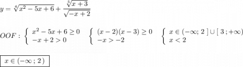 y=\sqrt[4]{x^2-5x+6}+\dfrac{\sqrt[5]{x+3}}{\sqrt{-x+2}}\\\\\\OOF:\ \left\{\begin{array}{l}x^2-5x+6\geq 0\\-x+20\end{array}\right\ \ \left\{\begin{array}{l}(x-2)(x-3)\geq 0\\-x-2\end{array}\right\ \ \left\{\begin{array}{l}x\in (-\infty ;\, 2\ ]\cup[\ 3\, ;+\infty )\\x