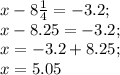 x-8\frac{1}{4}=-3.2;\\x-8.25=-3.2;\\x=-3.2+8.25;\\x=5.05