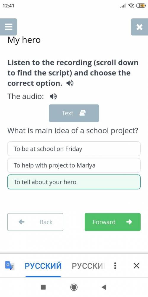 What is main idea of a school project? To tell about your hero To be at school on Friday To help wit