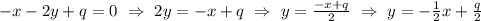 -x-2y+q=0 \ \Rightarrow \ 2y=-x+q \ \Rightarrow \ y=\frac{-x+q}{2} \ \Rightarrow \ y=-\frac{1}{2}x+\frac{q}{2}