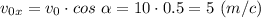 v_{0x} = v_0\cdot cos~\alpha = 10 \cdot 0.5 = 5 ~(m/c)