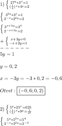 1)\left \{ {{27^{y}*3^{x}=1} \atop {(\frac{1}{2})^{x}}*4^{y} =2} \right.\\\\\left \{ {{3^{3y}}*3^{x} =1 \atop {2^{-x}}*2^{2y}=2 } \right. \\\\\left \{ {{3^{x+3y}}=3^{0}\atop {2^{-x+2y}}=2} \right. \\\\+\left \{ {{x+3y=0} \atop {-x+2y=1}} \right. \\------\\5y=1\\\\y=0,2\\\\x=-3y=-3*0,2=-0,6\\\\Otvet:\boxed{(-0,6;0,2)}\\\\\\2)\left \{ {{5^{y}} *25^{x}=625 \atop {(\frac{1}{3})^{x}}*9^{y}=\frac{1}{27}} \right.\\\\\left \{ {{5^{y}}*5^{2x}=5^{4} \atop {3^{-x}}*3^{2y}=3^{-3}} \right.