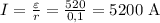 I=\frac{\varepsilon}{r} =\frac{520}{0,1} =5200 $ A$