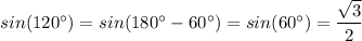 sin(120а) = sin(180а - 60а) = sin(60а) = \dfrac{\sqrt3}{2}
