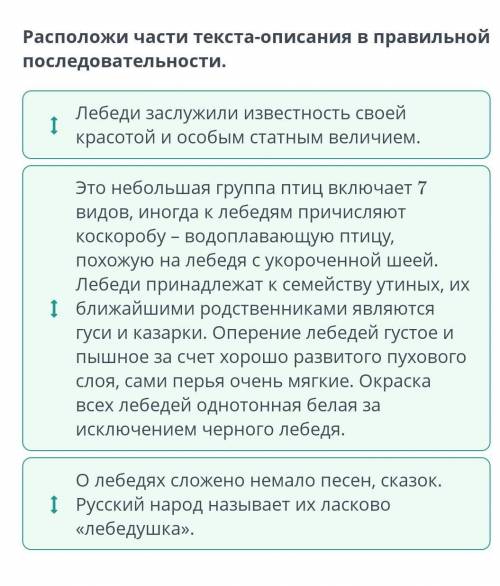 Расположи части текста-описания в правильной последовательности. Лебеди заслужили известность своей