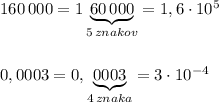 160\, 000=1\underbrace {60\, 000}_{5\, znakov}=1,6\cdot 10^5\\\\\\0,0003=0,\underbrace {0003}_{4\, znaka}=3\cdot 10^{-4}