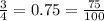 \frac{3}{4} = 0.75 = \frac{75}{100}