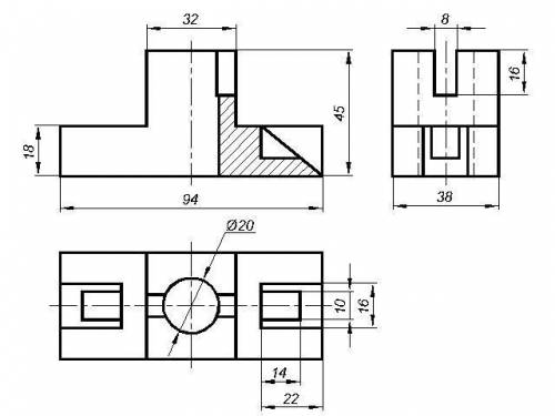 Нужно изобразить деталь в трёх видах, желательно в размерах! И выполнить разрезы