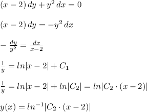 (x-2) \, dy+y^2\,dx=0\\\\(x-2) \, dy=-y^2\,dx\\\\-\frac{dy}{y^2} =\frac{dx}{x-2} \\\\\frac{1}{y}=ln|x-2| +C_1\\\\\frac{1}{y}=ln|x-2| +ln|C_2|=ln|C_2\cdot(x-2)|\\\\y(x)=ln^{-1}|C_2\cdot(x-2)|