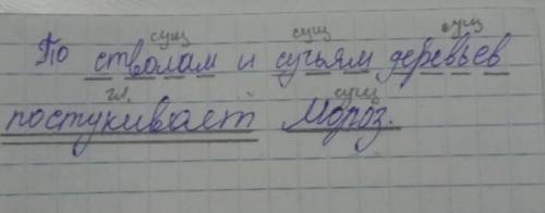 По стволам и сучьям деревьев постукивает Мороз. Разобрать по членам и что как подчеркивается