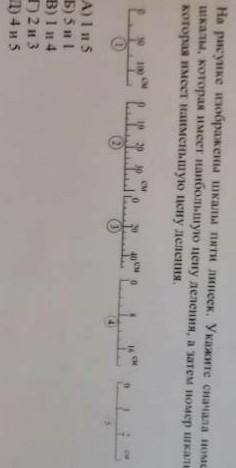 На рисунке изображены шкалы 5 линеек . Укажите сначала номер шкалы которая имеет наибольшую цену дел