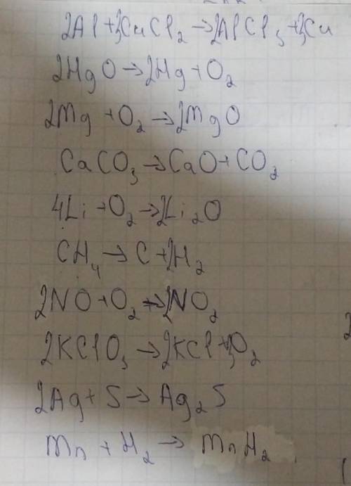 1. Al+CuCl2→AlCl3+Cu 2. HgO→Hg+O2 3. Mg+O2→MgO 4. CaCO3→CaO+CO2 5. Li+O2→Li2O 6. CH4→C+H2 7. NO+O2→N