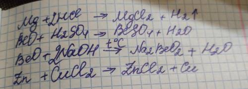 1. Mg+ HCl→ 2. BeO+H2SO4→ 3. BeO+Na2OH→ 4. Zn+CuCl2→