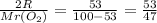 \frac{2R}{Mr(O_{2})}=\frac{53}{100-53}=\frac{53}{47}
