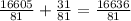 \frac{16605}{81} + \frac{31}{81} = \frac{16636}{81}