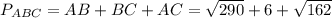 P_{ABC} = AB + BC + AC = \sqrt{290} + 6 + \sqrt{162}
