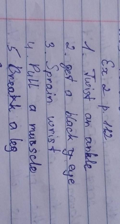 2 Fill in: pull, twist, sprain, break, get.14 a2... an ankle a black eye a wristmuscle35 ...a leg​