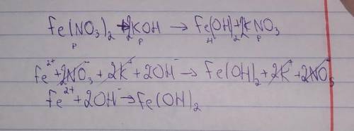 Составьте уравнения реакций взаимодействия Fe(NO3)2(в.р.) и KOH(в.р.). Покажите агрегатные состояния