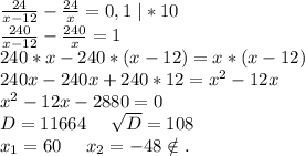 \frac{24}{x-12} -\frac{24}{x} =0,1\ |*10\\\frac{240}{x-12} -\frac{240}{x} =1\\240*x-240*(x-12)=x*(x-12)\\240x-240x+240*12=x^2-12x\\x^2-12x-2880=0\\D=11664\ \ \ \ \sqrt{D}=108\\x_1=60\ \ \ \ x_2=-48\notin.