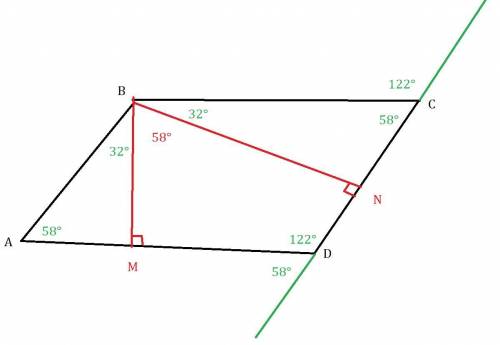висоти, які проведено з вершини тупого кута паралелограма, утворюють між собою кут 58Знайдіть кути п