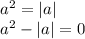 a {}^{2} = |a| \\ a {}^{2} - |a | = 0