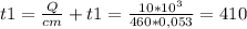 t1 = \frac{Q}{cm} + t1 = \frac{10*10^{3} }{460*0,053} = 410