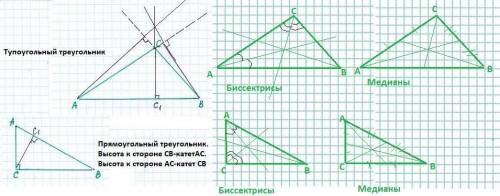 начертить прямоугольный треугольник и тупосторонний треугольник. На них отметить 3 биссектрисы, 3 вы