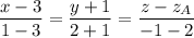 \dfrac{x - 3}{1 - 3} = \dfrac{y +1}{2+1} = \dfrac{z - z_A}{-1 - 2}