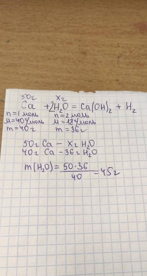по химии. рассчитайте массу воды которая прореагирует с кальцием массой 50г​