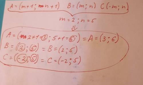 Построить треугольник,вершины которого находятся в точках A(m+1;n+1), B(m;-n), C (-m;n) Где m=2 n=5