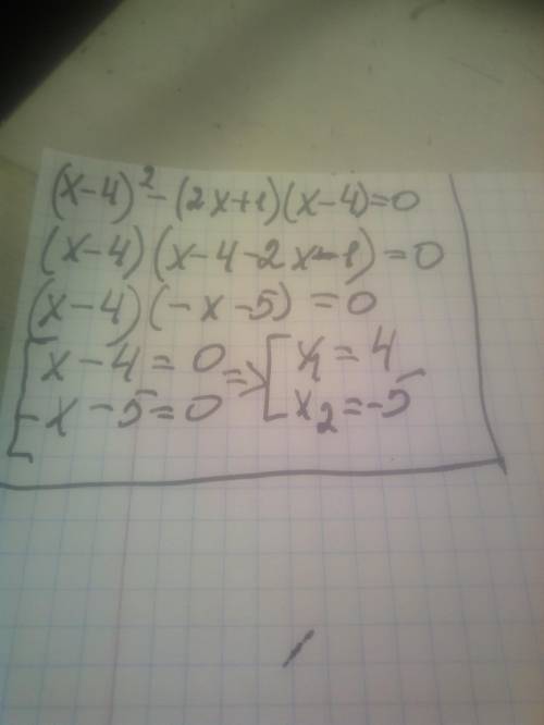 Розв’яжіть рівняння (x-4)^2-(2x+1)(x-4)=0, розклавши попередньо на множники його ліву частину. Якщо