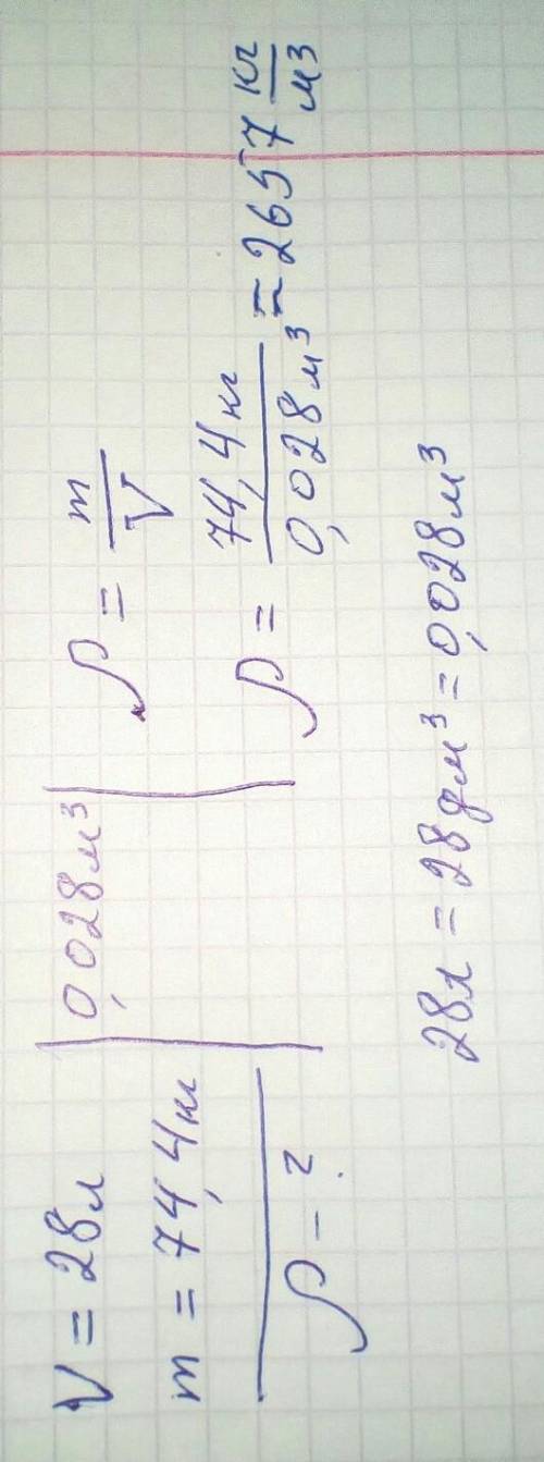 Определите плотность ацетона, если бидон ёмкостью 28 литров вмещает 74,4 кг
