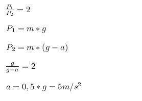 С каким ускорением надо опускать тело, подвешенное на нити, чтобы его вес был в 2 раза меньше, чем в