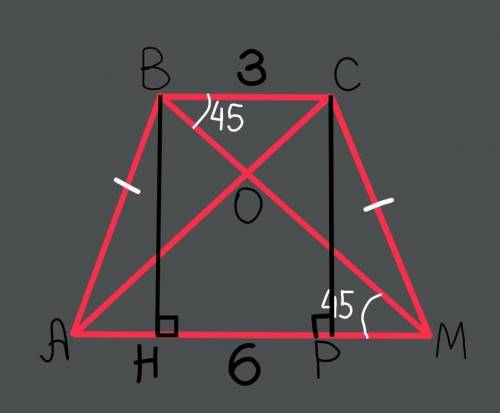 ) В равнобедренной трапеции с основаниями 3см и 6 см диагональ образует с ее основаниями угол в 45⁰.
