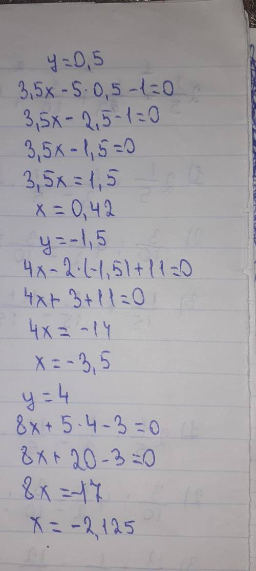 3.5x - 5y-1=0 если y=0.54x-2y+11=0 если y= - 1,58x+5y-3=0 если y=4 2/5 (дробь) ​