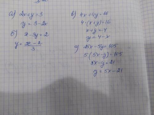 Задание №1. Вырази переменную: а) 2х+у=3 б) х-3у=2 в) 4х+4у=16 г) 25 х -5у = 105