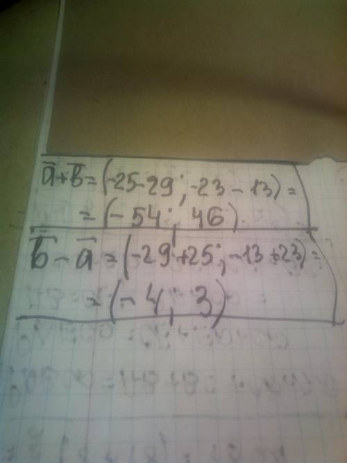 Даны координаты векторов a→ и b→. Определи координаты векторов a→+b→ и b→−a→. a→{−25;−23}; b→{−29;−1