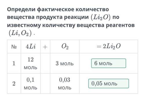 Определи фактическое количество вещества продукта реакции по известному количеству вещества реагенто