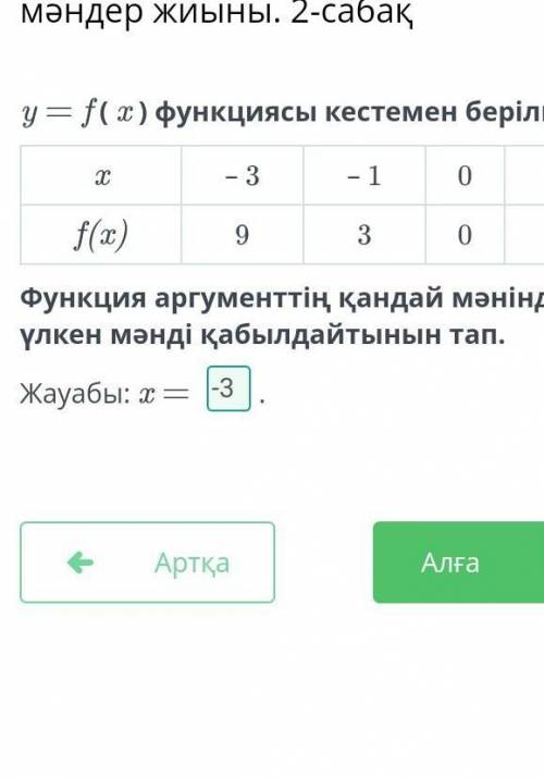 Функция y = f (x) задана таблицей: x -3 -1 0 1 f(x) 9 3 0 -3 Найди, при каком значении аргумента фун