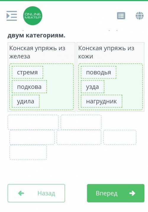 Освоение железа на территории Казахстана. Урок 2 Распредели элементы конской упряжи по двум категори