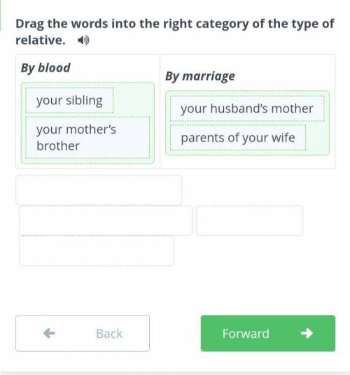 Drag the words into the right category of the type of relative. 1) By bloodBy marriage** your mother