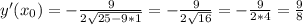 y'(x_0)=-\frac{9}{2\sqrt{25-9*1} } =-\frac{9}{2\sqrt{16} } =-\frac{9}{2*4} =\frac{9}{8}