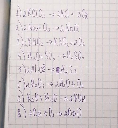 Расставьте коэффициенты в уравнениях реакций: 1) KClO3→KCl+O2 2) Na+Cl2→NaCl 3) KNO3→KNО2+O2 4) H2O+