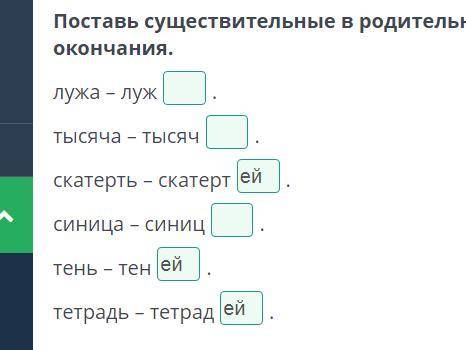 Поставь существительные в родительный падеж множественного числа. Напиши окончания. лужа – луж.тысяч