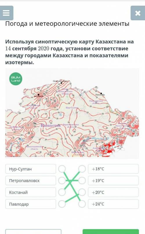 Используя синоптическую карту Казахстана на 14 сентября 2020 года, установи соответствие между город