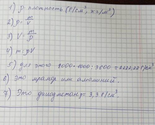 1. Назовите единицы измерения плотности. 2. Запишите формулу для определения плотности вещества. 3.