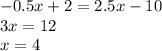 -0.5x + 2 = 2.5x - 10\\3x = 12\\x = 4