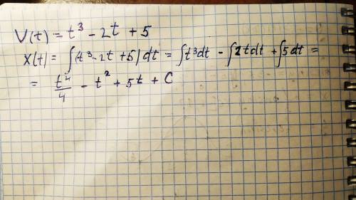 скорость точки задана уравнением V=t^3-2t+5 (м/с) найти уравнение движения точки, если в начальный м
