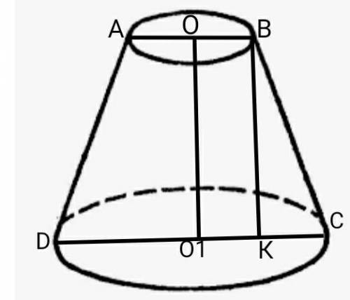 Усеченный конус с радиусами оснований 4м и 7м, высота 8м.Найти площадь осевого сечения, площадь боко