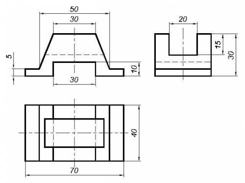 Начертить деталь в трех видах и сечение, там где проходит секущая плоскость